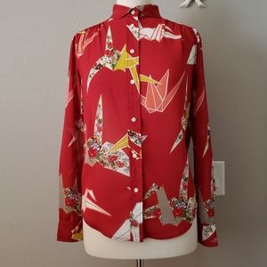 Levi's Brand Red Button Down Blouse with Cranes